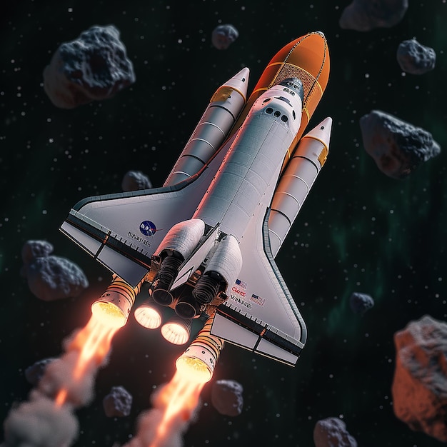 3d rendered space shuttle with orange and green color launching with thrusters in floating rocks