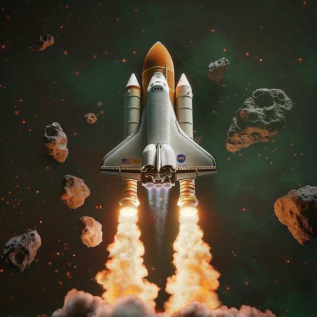 3d rendered space shuttle with orange and green color launching with thrusters in floating rocks