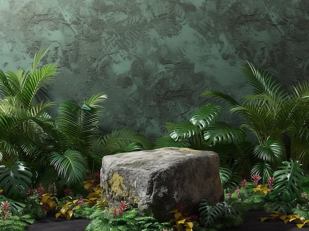 3D Rendered Stone Platform Pedestal in the Heart of a Lush Forest Perfect for Product Presentation