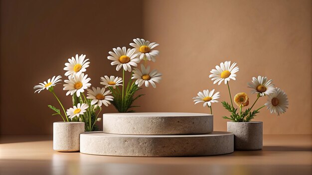 Photo 3d rendered stone podium makeup display stand with chrysanthemum flowers on a brown background