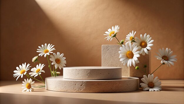 Photo 3d rendered stone podium makeup display stand with chrysanthemum flowers on a brown background