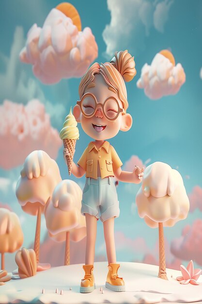 Photo 3d rendered summer animated illustration of a girl enjoying ice cream