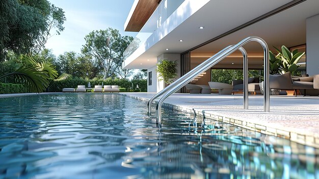 Photo 3d rendered swimming pool with handrail in the water close up