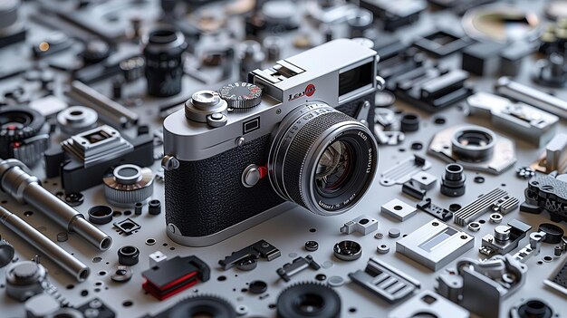 Photo 3d rendered topdown view with a leica vintage camera in the center surrounded by disassembled parts