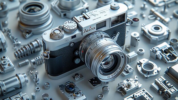 Photo 3d rendered topdown view with a leica vintage camera in the center surrounded by disassembled parts