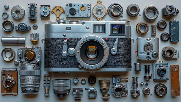 Photo 3d rendered topdown view with a leica vintage camera in the center surrounded by disassembled parts