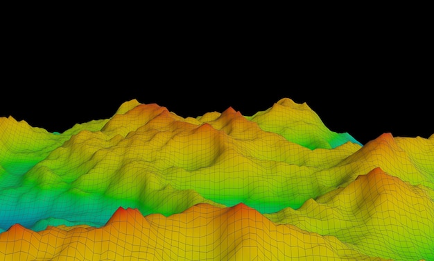 3D rendered topographic mountain. Show elevation color blue to red.