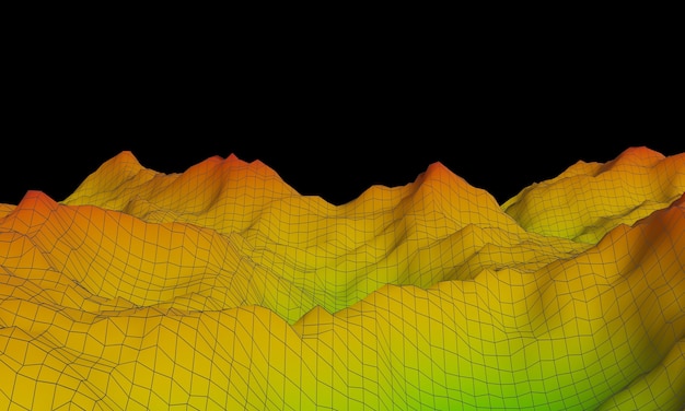 Photo 3d rendered topographic mountain with wireframe lines.