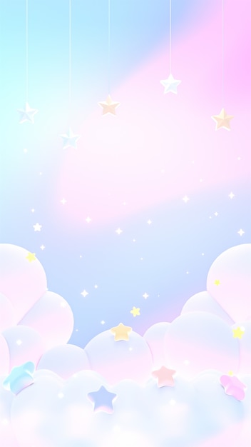 3d rendered vertical soft dreamy pastel clouds with hanging stars wallpaper