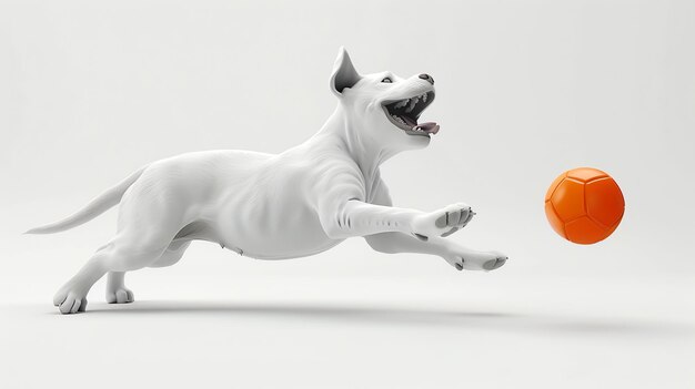 Photo a 3d rendered white dog leaps through the air towards an orange ball