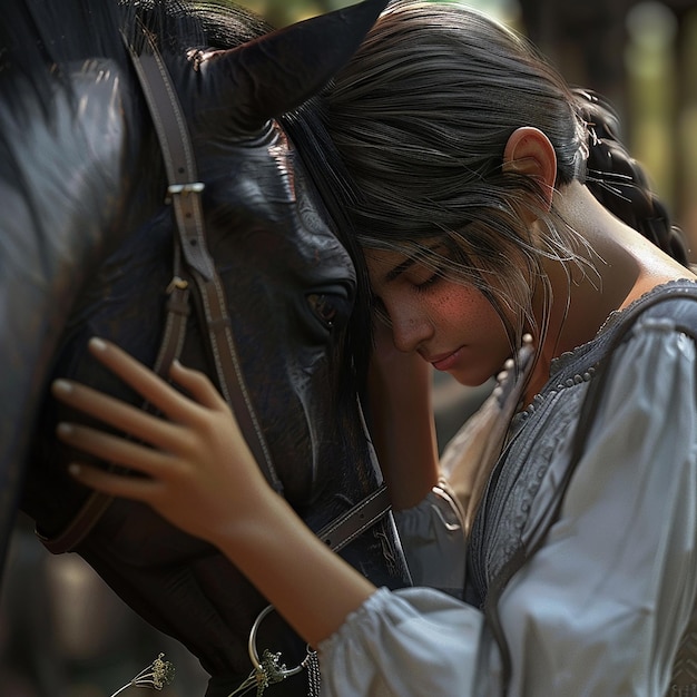 Photo 3d rendered a woman with long blonde hair and a bridle is petting her horse