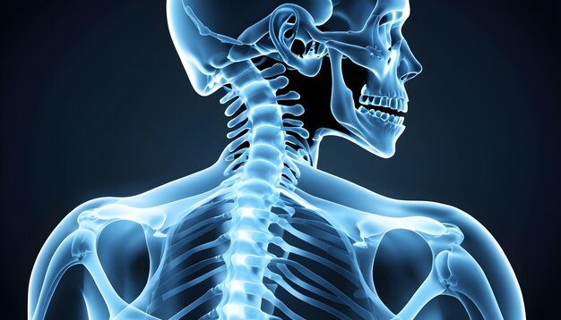 A 3D rendered X ray scan focusing on the cervical spine revealing disc herniation