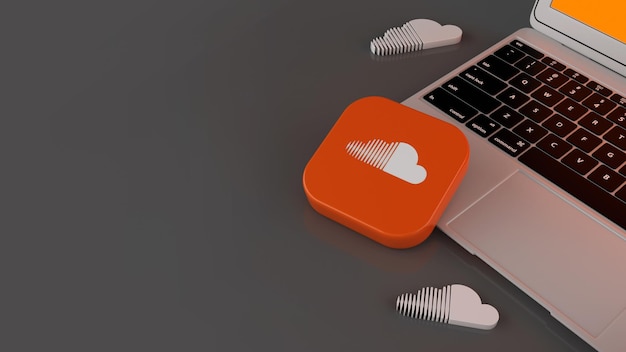 3D renderiing of a one soundcloud square badge over laptop on gray background