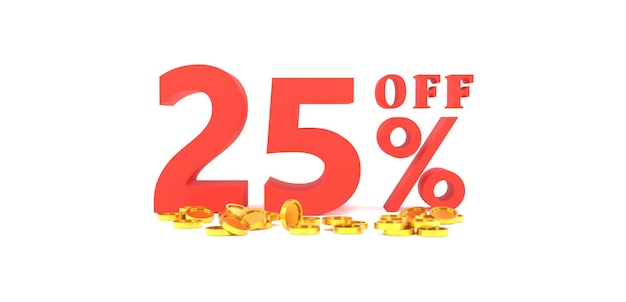 3D Rendering 25 percent off with gold coin and white background Special Offer 25 Discount Tag Super sale offer and best seller