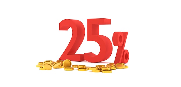 3D Rendering 25 percent off with gold coin and white background Special Offer 25 Discount Tag Super sale offer