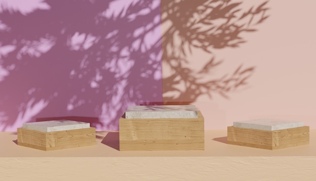 3d rendering of 3 cube shaped wooden podium templates with leaf shadows Premium Photo