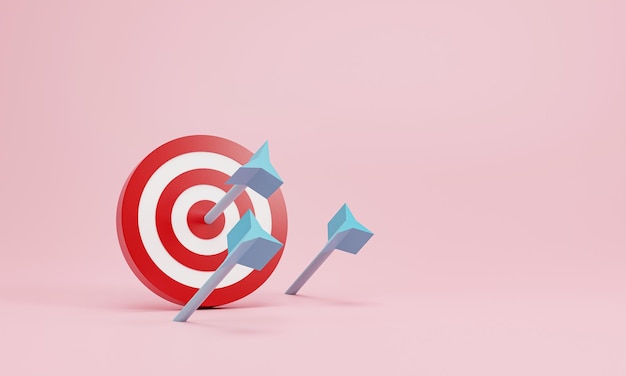 3d rendering 3d illustration Dart arrow hit the center of target and missed hitting target mark Business goal of success concept