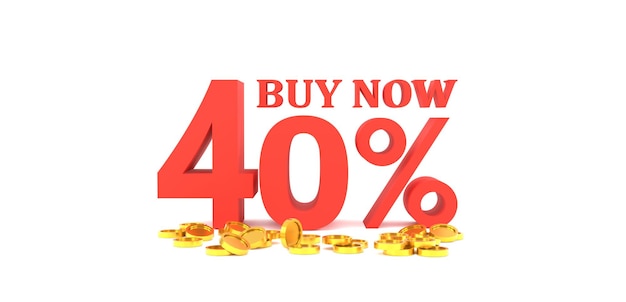 3D Rendering 40 percent off with gold coin and white background Special Offer 40 Discount Tag Super sale offer when buy now