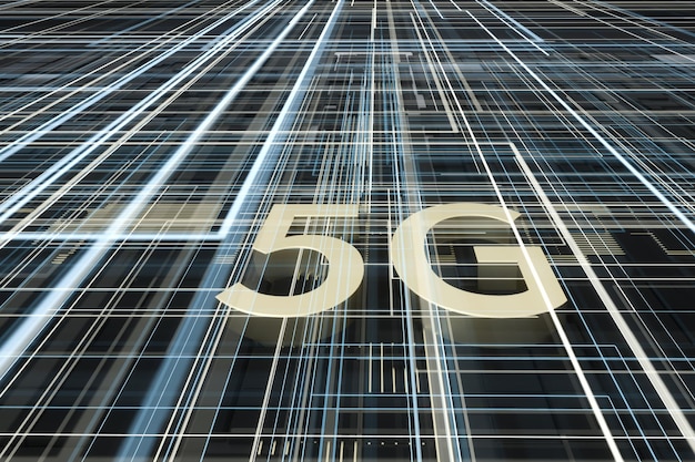 3d rendering 5g font and circuit background