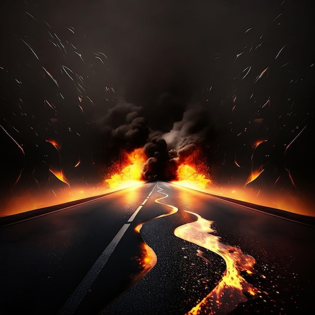 3d rendering abstract black background with wet long road on fire blazing flames