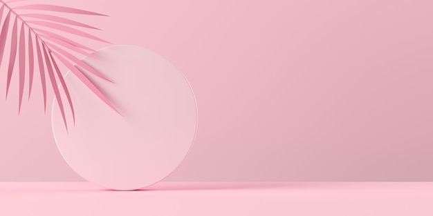 3D rendering of abstract composition with pink circle and palm leaves