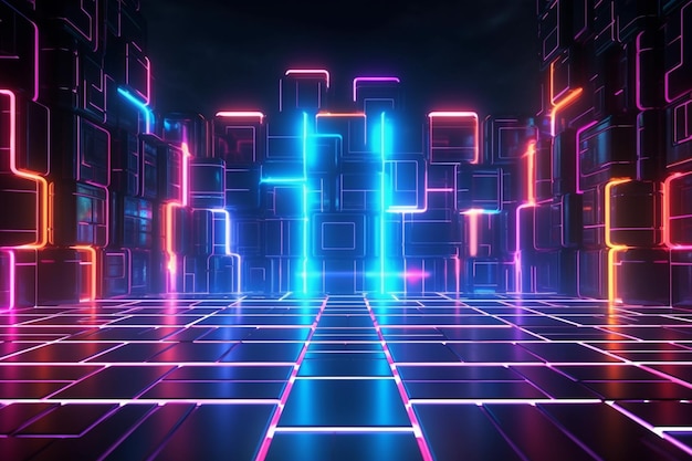 3d rendering of abstract geometric technological background with glowing cubes in the dark