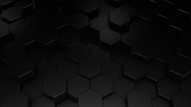 3D rendering of abstract hexagonal geometric black surfaces in virtual space