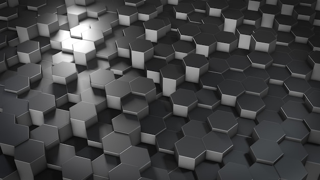 3D rendering of abstract hexagonal geometric metallic surfaces in virtual space