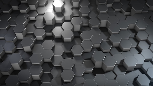 3D rendering of abstract hexagonal geometric metallic surfaces in virtual space