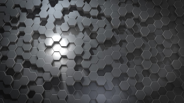 3D rendering of abstract hexagonal geometric metallic surfaces in virtual space