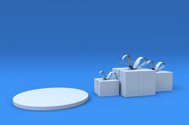 Photo 3d rendering of abstract minimal scene blue background and white podium with gift box