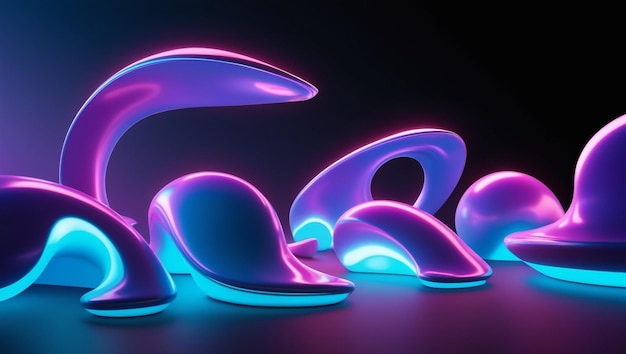 Photo 3d rendering of abstract shapes glowing in ultraviolet