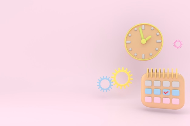 3D Rendering of Agenda element icons calendar and clock with copy space on background concept of time management 3D render illustration cartoon style