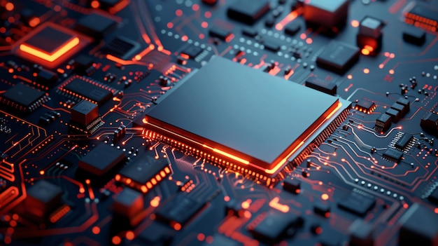 3D rendering of AI technology with a central processing unit CPU chipset on a printed circuit boar