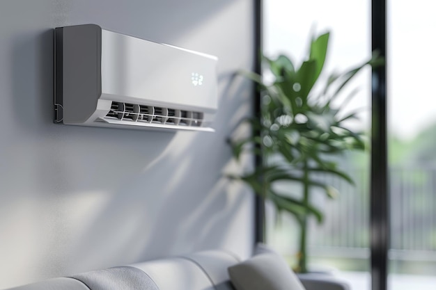 3D rendering of an air conditioner on a white wall in a living room interior with a sofa and potted plant near a window An Air Smith movable AC unit for home comfort