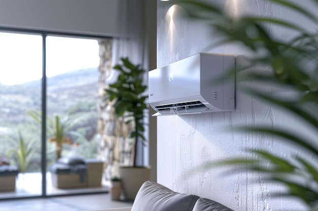 3D rendering of an air conditioner on a white wall in a living room interior with a sofa and potted plant near a window An Air Smith movable AC unit for home comfort