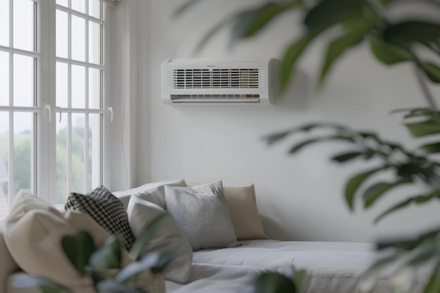 3D rendering of an air conditioner on a white wall in a living room interior with a sofa and potted plant near a window An Air Smith movable AC unit for home comfort