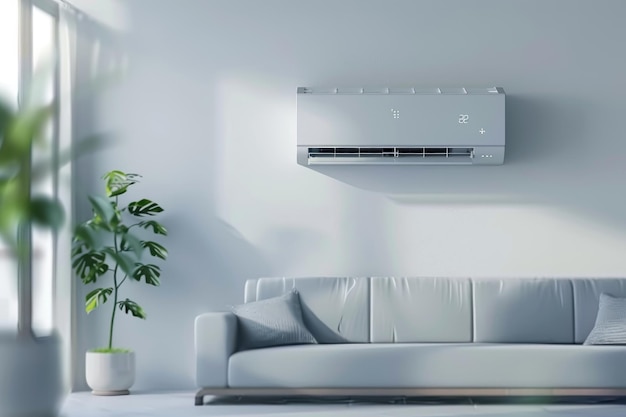 3D rendering of an air conditioner on a white wall in a living room interior with a sofa and potted plant near a window An Air Smith movable AC unit for home comfort