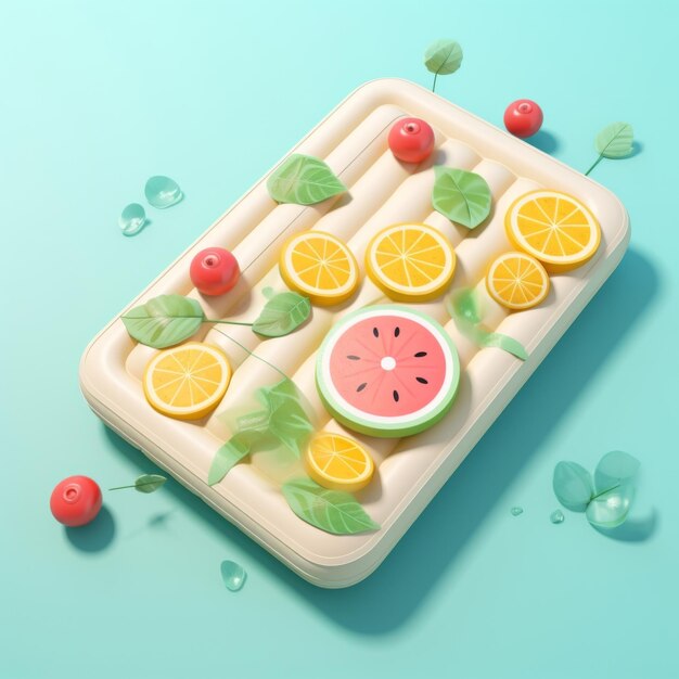 3D rendering of an air mattress with fruits on the water