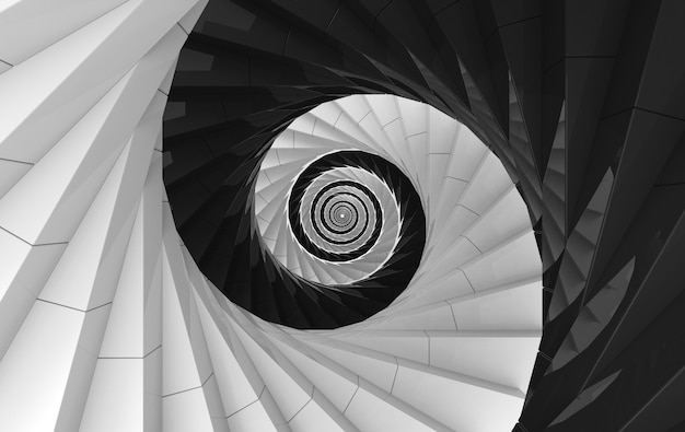 3d rendering. Alternate White and black spiral stairs background. yin yang of oriental style.