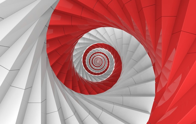 3d rendering. Alternate White and Red spiral stairs art wall background.