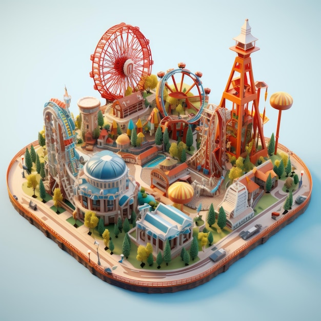 3d rendering of Amusement Park city isometric miniatur