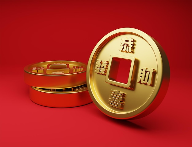 3d rendering ancient gold ingots on red background for chinese festival element use illustration