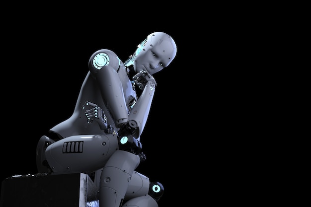 3d rendering android robot sit down and thinking