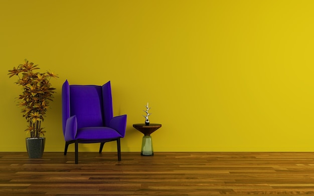 3d rendering of an armchair and a room flower against an orange wall