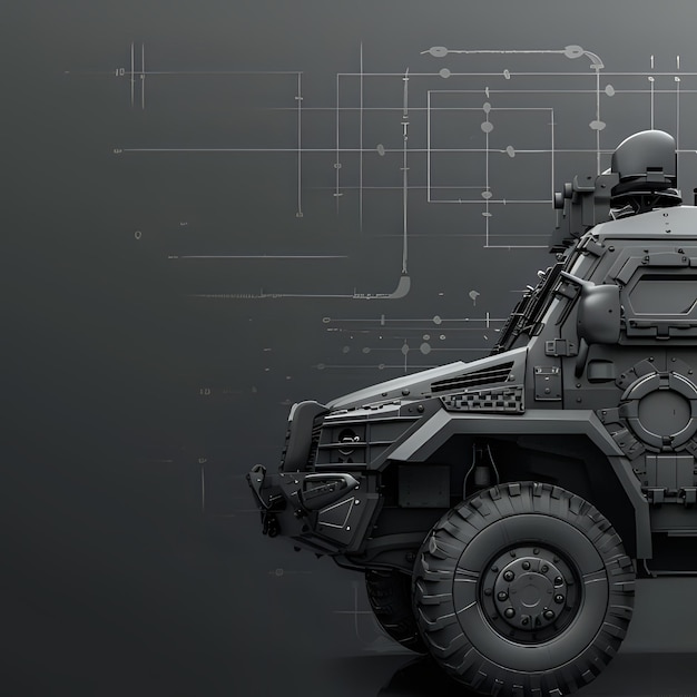 Photo 3d rendering of armored tank with circuit board overlay on black background