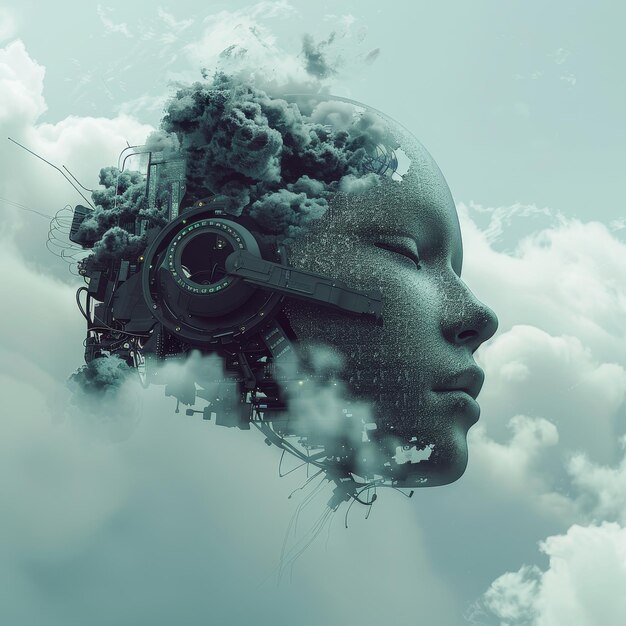 3D rendering of an artificial intelligence robot head surrounded by clouds