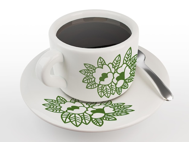 3D rendering asian traditional black coffee kopi with floral pattern coffee cup plate set