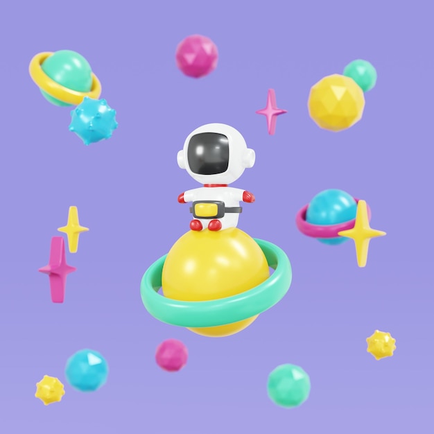 3D Rendering of astronaut in space with planet concept of cute spaceman discover galaxy 3d render illustration cartoon style