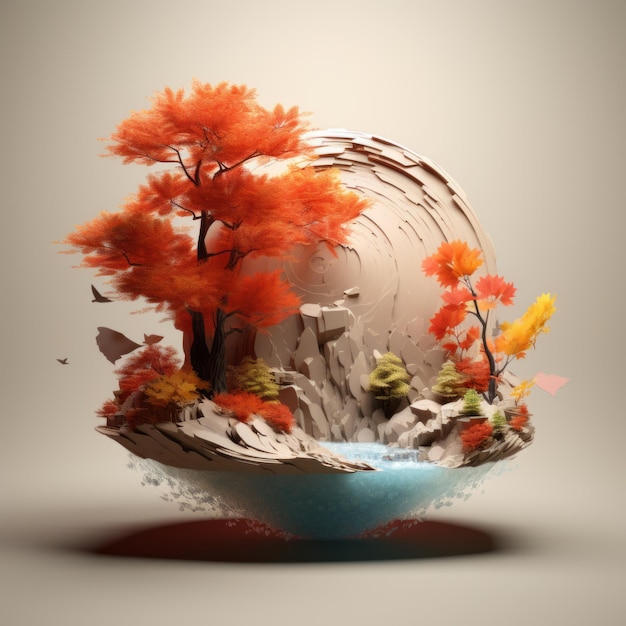 3d rendering of an autumn landscape with trees and water